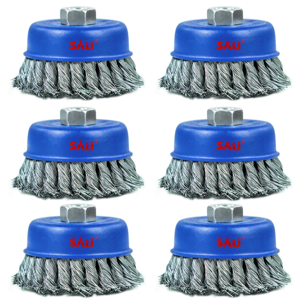 SALI 6 Pack Wire Cup Brush, 4 Inch Twisted Knotted Cup Brush for Grinders, with 5/8-11 Inch Arbor for Heavy Cleaning Rust, Stripping and Abrasive, for Angle Grinder