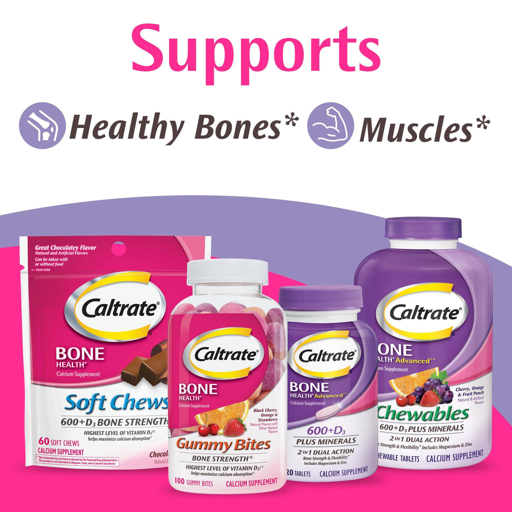Caltrate Chewables 600 Plus D3 Plus Minerals Calcium Vitamin D Supplement, Cherry, Orange and Fruit Punch - 60 Count (Pack of 2)