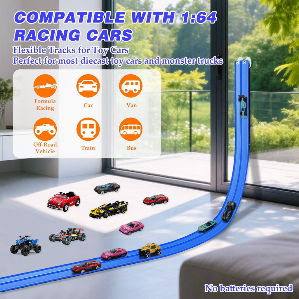 Flexible Race Track Toys for Kids: 15ft Flexible Car Track with Suction Cups - Portable Roll-Up DIY Racetrack Compatible with 1:64 Scale Diecast Cars for Boys & Girls Ages 3+