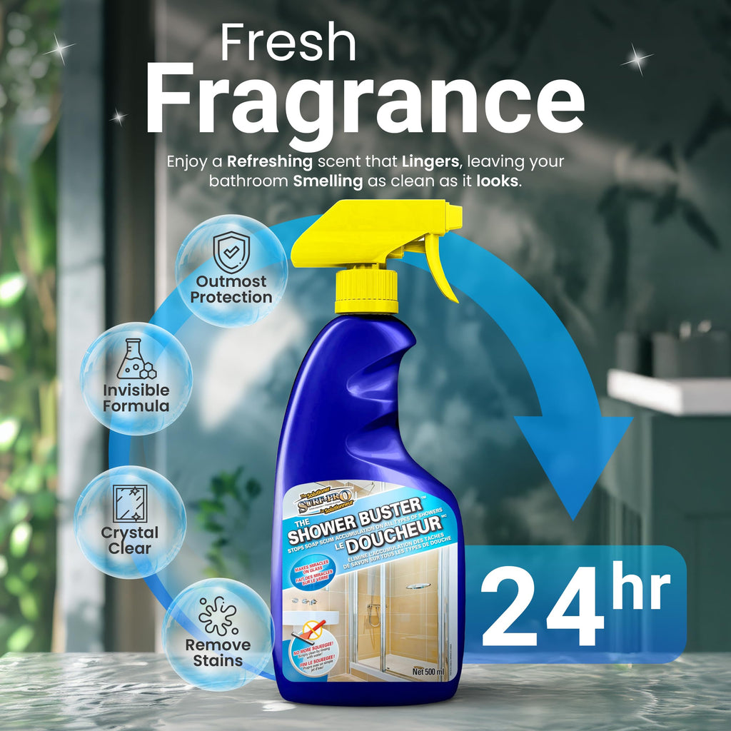 SURF PRO Shower Glass Door Cleaner – Shower Buster Spray for Soap Scum & Hard Water Stains – No Scrub Bathroom Cleaner for Glass, Tile, Chrome, Ceramic, RV and Septic Safe (500ml / 16.9oz)