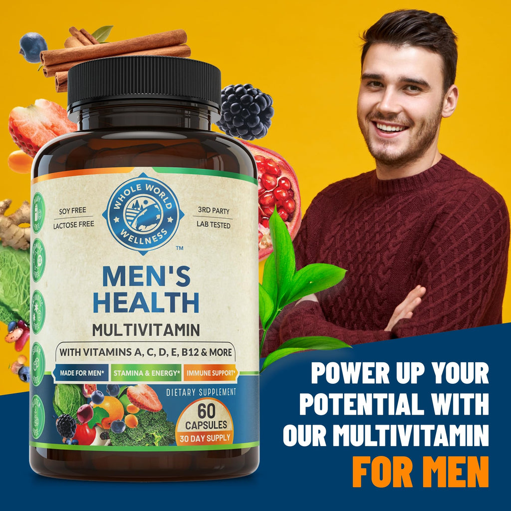 Whole World Wellness Mens Daily Multivitamin Multimineral Supplement for Energy, Focus, Stamina & Performance. Made for Men with 30+ Nutrients, Fruit & Energy Blend. Mens Vitamins, Made in The USA.