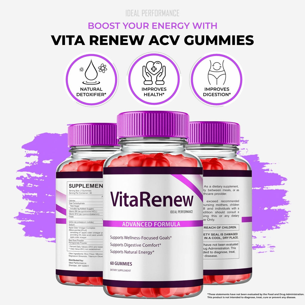 VitaRenew Advanced Gummies for Skin Health, VitaRenew Gummies for Skin Health - Maximum Strength, Keto+ ACV Gummys, All Natural Support Formula Keto+ACV, Vita Renew Gummy Reviews (3 Pack)