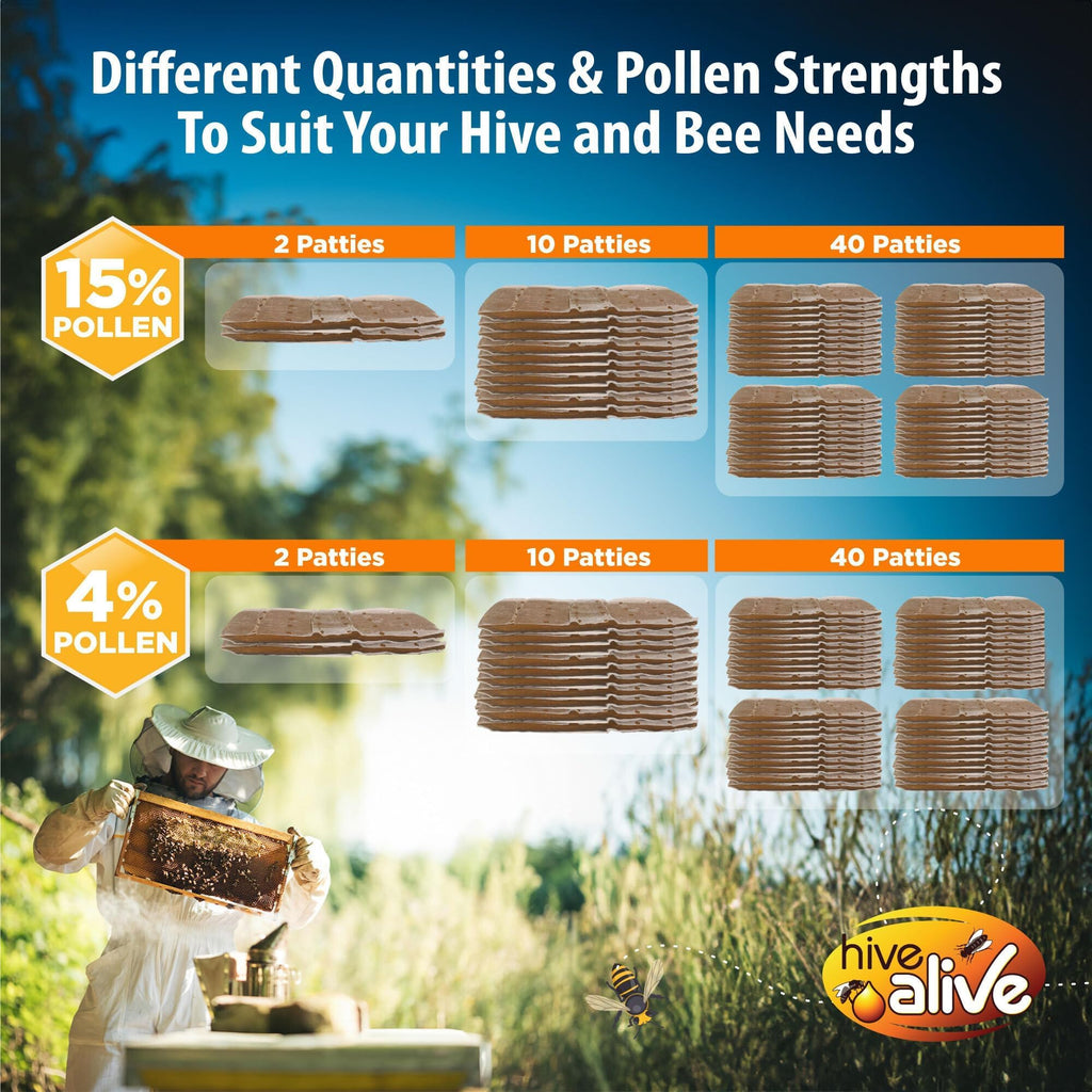 Pollen Patties for Honey Bees - 2lb (2x1lb) Bee Food with 15% Real USA Pollen, Full Dose of Hive Alive Concentrate, Seaweed Micronutrients, and Amino Acids - HiveAlive Feeding Program