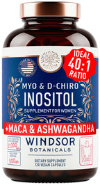 WINDSOR BOTANICALS Myo-Inositol & D-Chiro Inositol 40:1 Ratio - Inositol Supplements with Maca Root & Ashwagandha - 120 Vegan Capsules