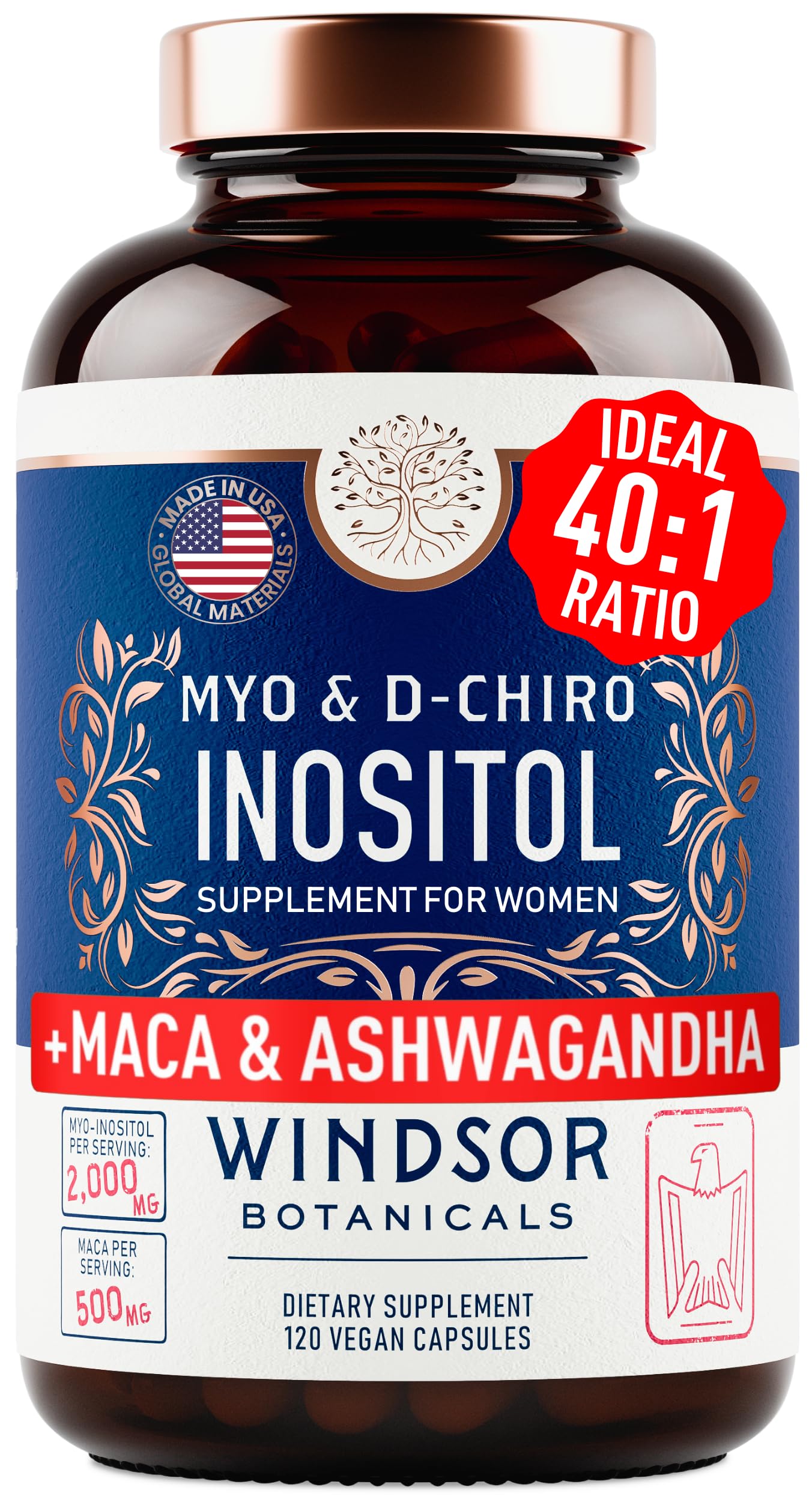WINDSOR BOTANICALS Myo-Inositol & D-Chiro Inositol 40:1 Ratio - Inositol Supplements with Maca Root & Ashwagandha - 120 Vegan Capsules