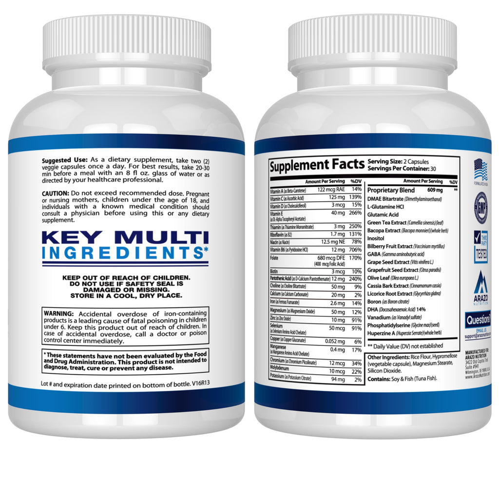 Arazo Nutrition Premium Brain Function Supplement – Memory, Focus, Clarity – Nootropic Booster with DMAE, Bacopa Monnieri, L-Glutamine, Multi Vitamins, Multi Minerals
