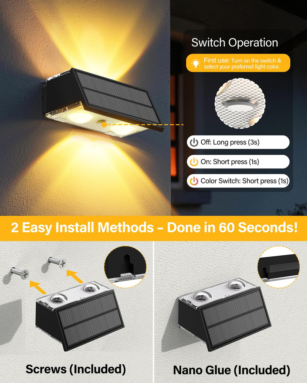 Toeuie Solar Fence Lights Outdoor, 12 Pack 100LM Fence Lights Solar Powered Waterproof, 9 Color Modes, Up & Down LED Focused Beam, 12H Dusk to Dawn Glow for Pool/Patio/Wall/Backyard - Black