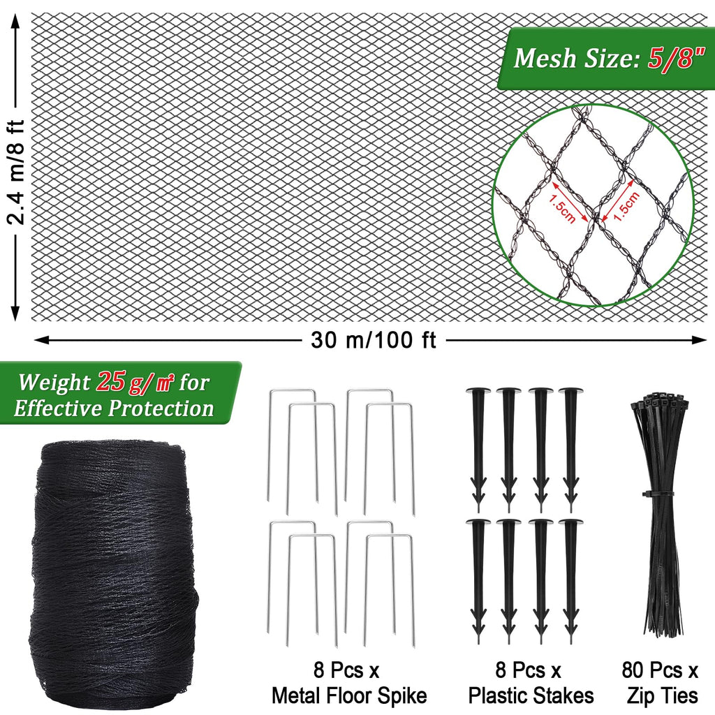 8 X 100 Ft Garden Netting, 5/8in Mesh Heavy Duty Bird Netting for Vegetable, Fruit Trees, Blueberry Bush Protection, Reusable Poultry Netting Against Birds, Deer, Rabbit and Cat, Chicken Coop Net