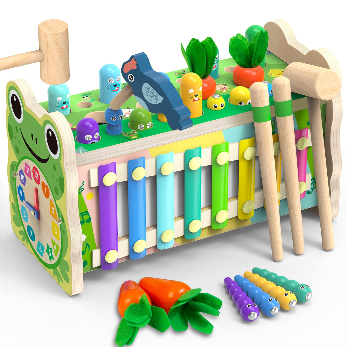 Amtreen 6-in-1 Wooden Montessori Toys for 1 2 3 Year Old, Mole-Tapping Game