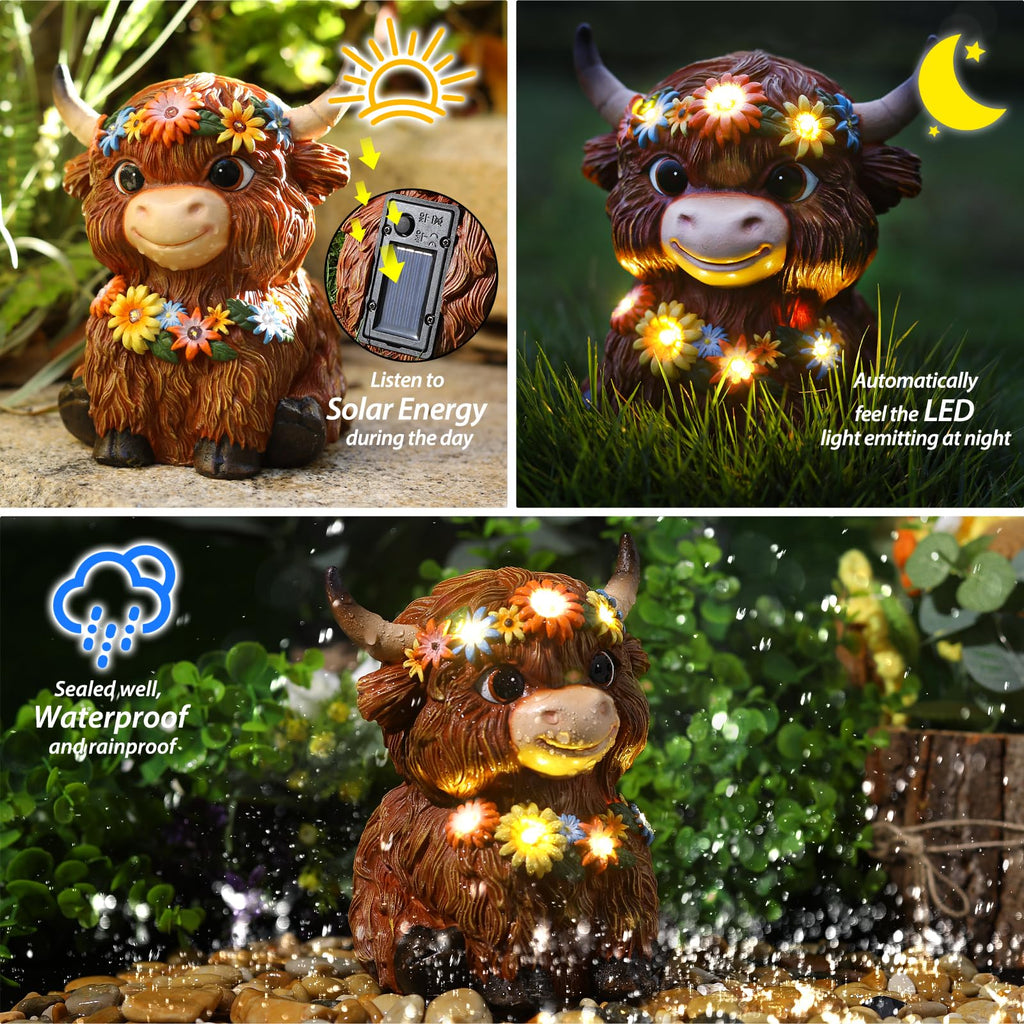 MAXTHOT Solar Garden Decor Outdoor Statues Highland Cow with Daisy and LED Lights Birthday Gifts for Women Mom Grandma Outside Decorations for Lawn, Porch, Yard, Patio, Balcony