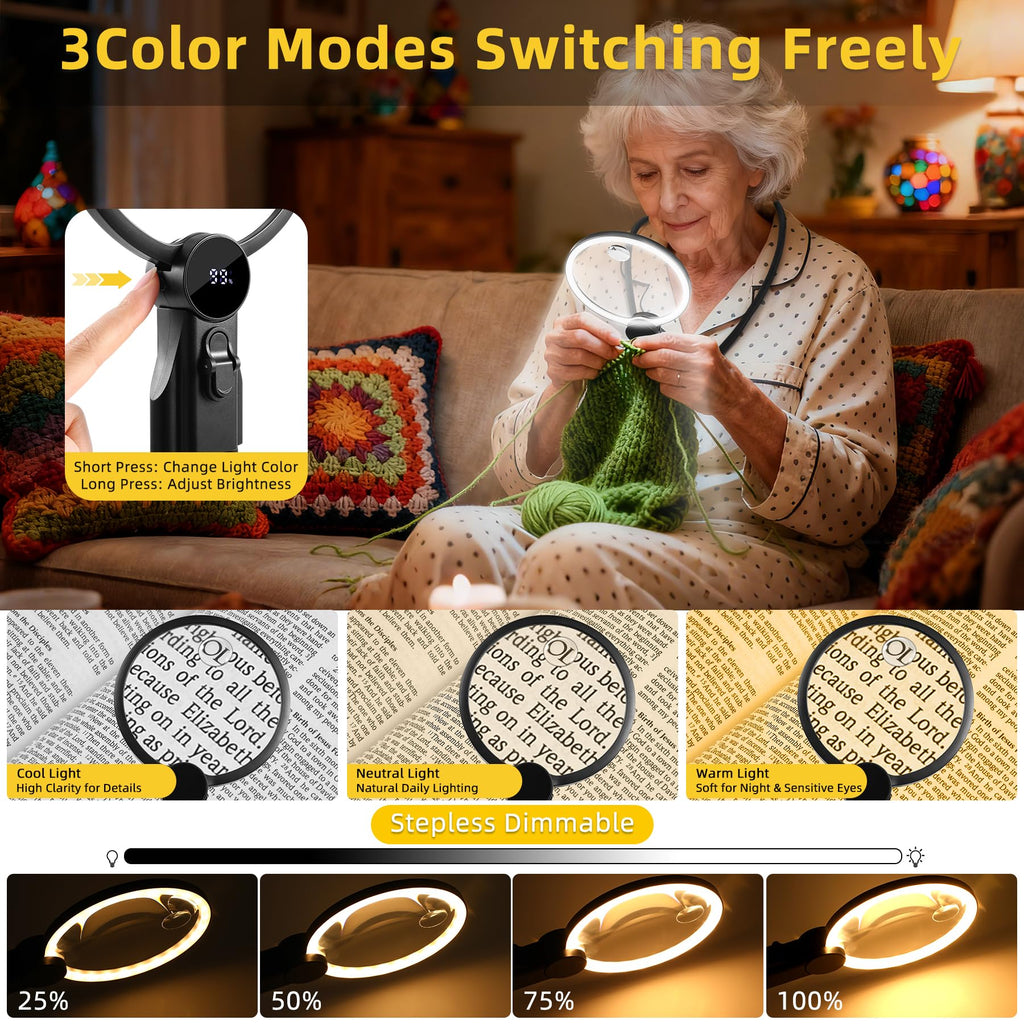 EVINYEP 2500mAh Magnifying Glass with Light, Upgrade LCD Display Screen 5X/10X Lighted Magnifier for Seniors & Low Vision, Hands Free Magnifier for Reading, Knitting, Cross Stitch & Crafts(Black)