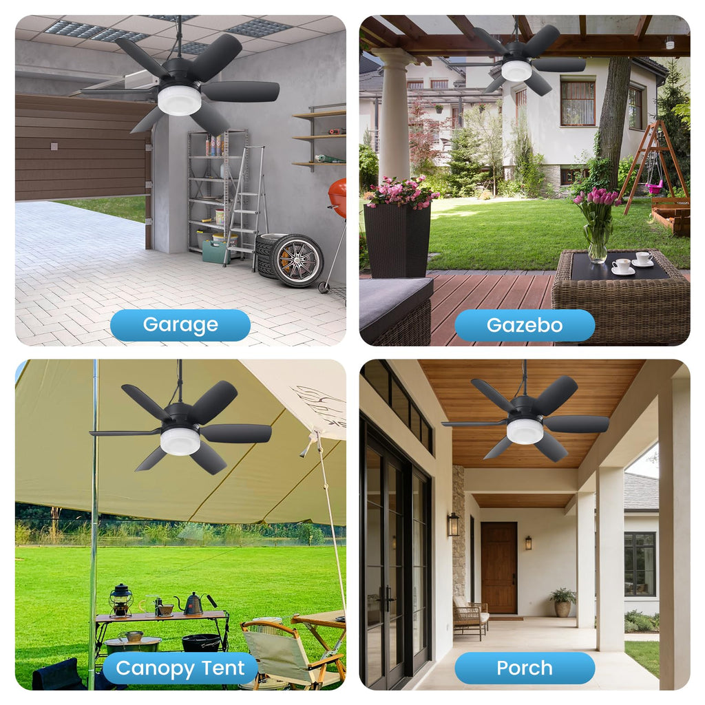 Fanspex 20.5'' Plug in Ceiling Fan with Light for Gazebo Patio Canopy Tent Porch RV, 5 Fan Speeds with Adjust Lighting & Remote Control (Black)