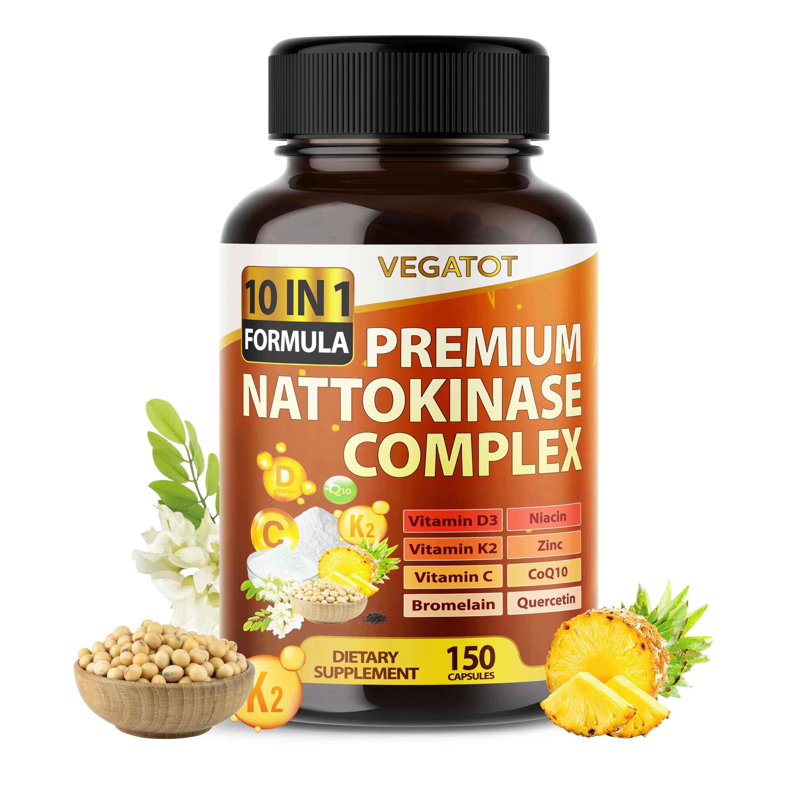 Vegatot Nattokinase Supplement, 10-in-1 Nattokinase Complex 6000 FU with Vitamin K2, CoQ10, Quercetin, Bromelain, & Niacin, Daily Enzyme & Wellness Support*, 150 Capsules, Non-GMO, Gluten Free