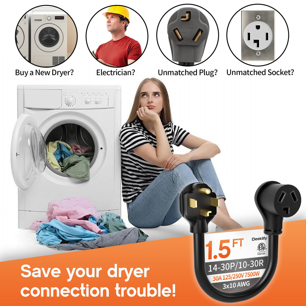 1.5FT 3 Prong to 4 Prong Dryer Adapter, Old Dryer to New House Conversion