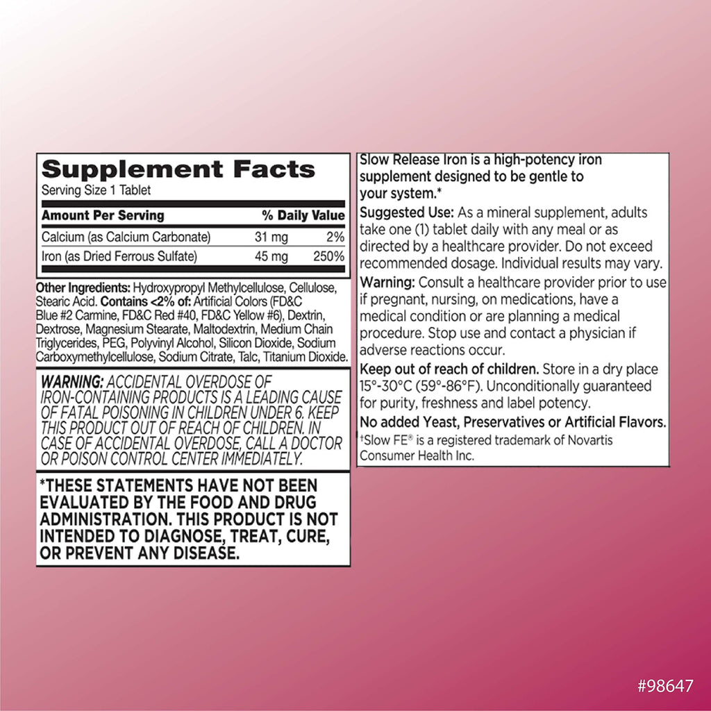 Quality Choice Iron High Potency Slow Release Tablets, 45mg, 60 Tabets Each (Pack of 7)