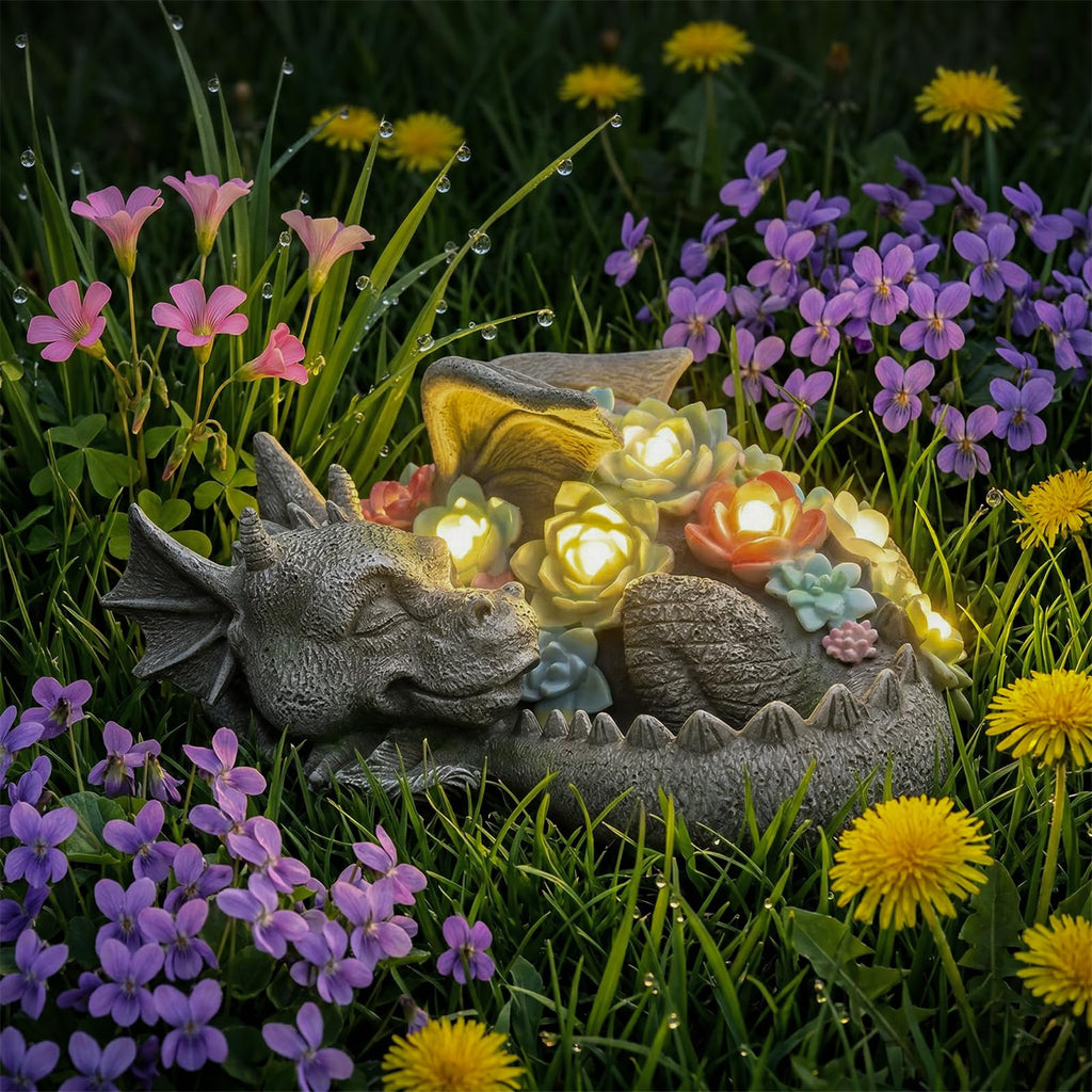 Solar Dragon Garden Statue, Sleeping Dragon with Solar Light Succulent