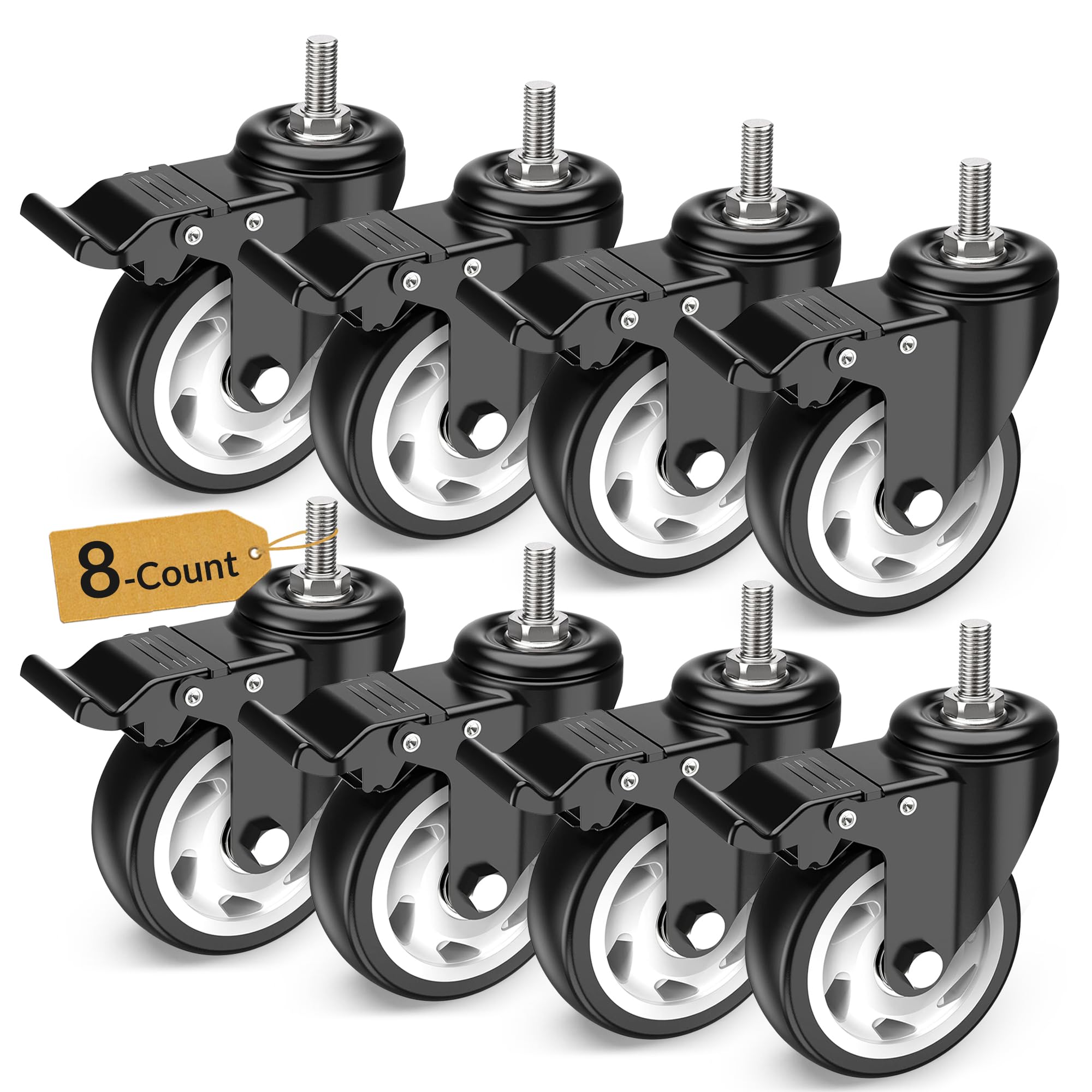 HOLKIE Caster Wheels 4 inch Total Locking Stem Casters, 1/2" -13 x 1(Stem Diameter 1/2", Stem Length 1") Threaded Stem Casters Swivel Casters Set of 8 Heavy Duty Castors Black 8 Pack