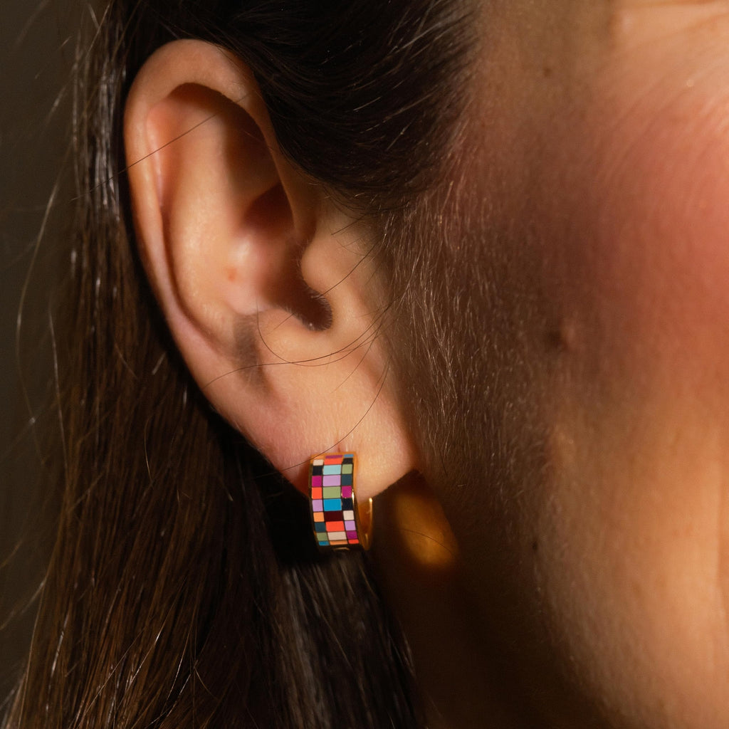 Oh Clementine Super Chunky Checkered Rainbow Huggie Hoop Adjustable Clasp Earrings for Women- 316L Stainless Steel with 18k PVD Gold Coating