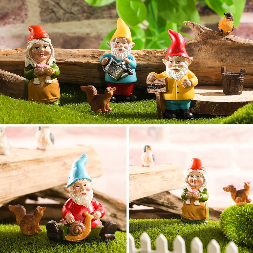 Jetec 10 Pcs Mini Fairy Gnomes Statue Garden Accessories Kit Miniature Garden Resin Gnomes Hand Painted Squirrel Hedgehog Owl Bird and Bucket Ornament for Yard Lawn Home Outdoor Decoration