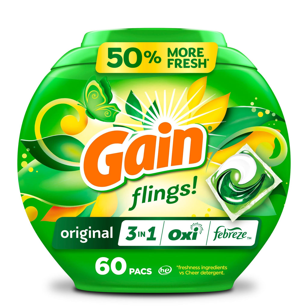 Gain Flings Laundry Detergent Pacs, 60 Count, Original Scent, with Odor Defense, Concentrated Laundry Soap Pacs