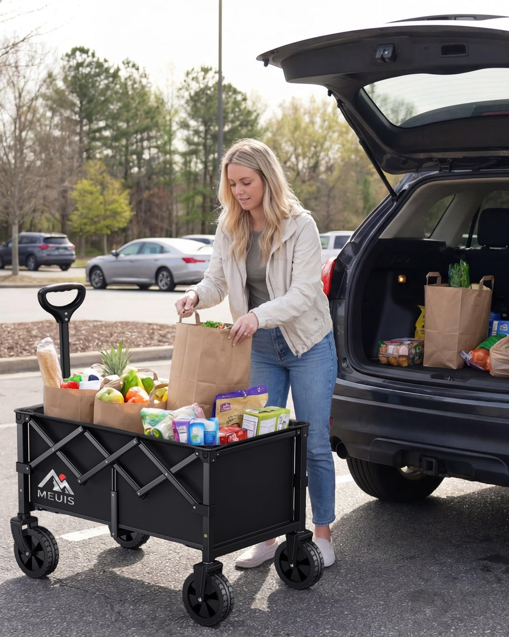 MEUIS Collapsible Wagon Cart with Wheels - 250LBS Heavy Duty Folding Wagon for Groceries Shopping Outdoor Apartment Portable Foldable Utility Grocery Trolley, Black, L