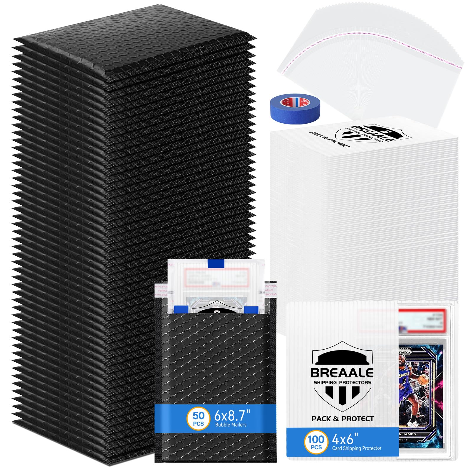 BREAALE Trading Card Shipping Kit, Includes 100 4'' x 6'' Graded Card Shipping Protectors, 50 6'' x 8.7'' Envelope Bubble Mailers, 20M Painter’s Tape, 50 Cellophane Bags, PSA BGS CGC Slabs & Raw