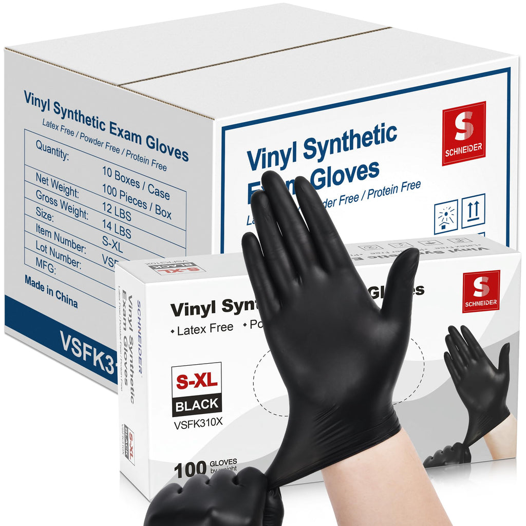 Schneider Black Vinyl Synthetic Exam Gloves, 4 Mil, Disposable Gloves Latex-Free, Plastic for Medical, Cooking, Cleaning, and Food Prep, Surgical Powder-Free, Non-Sterile, 1000-ct Case (Medium)