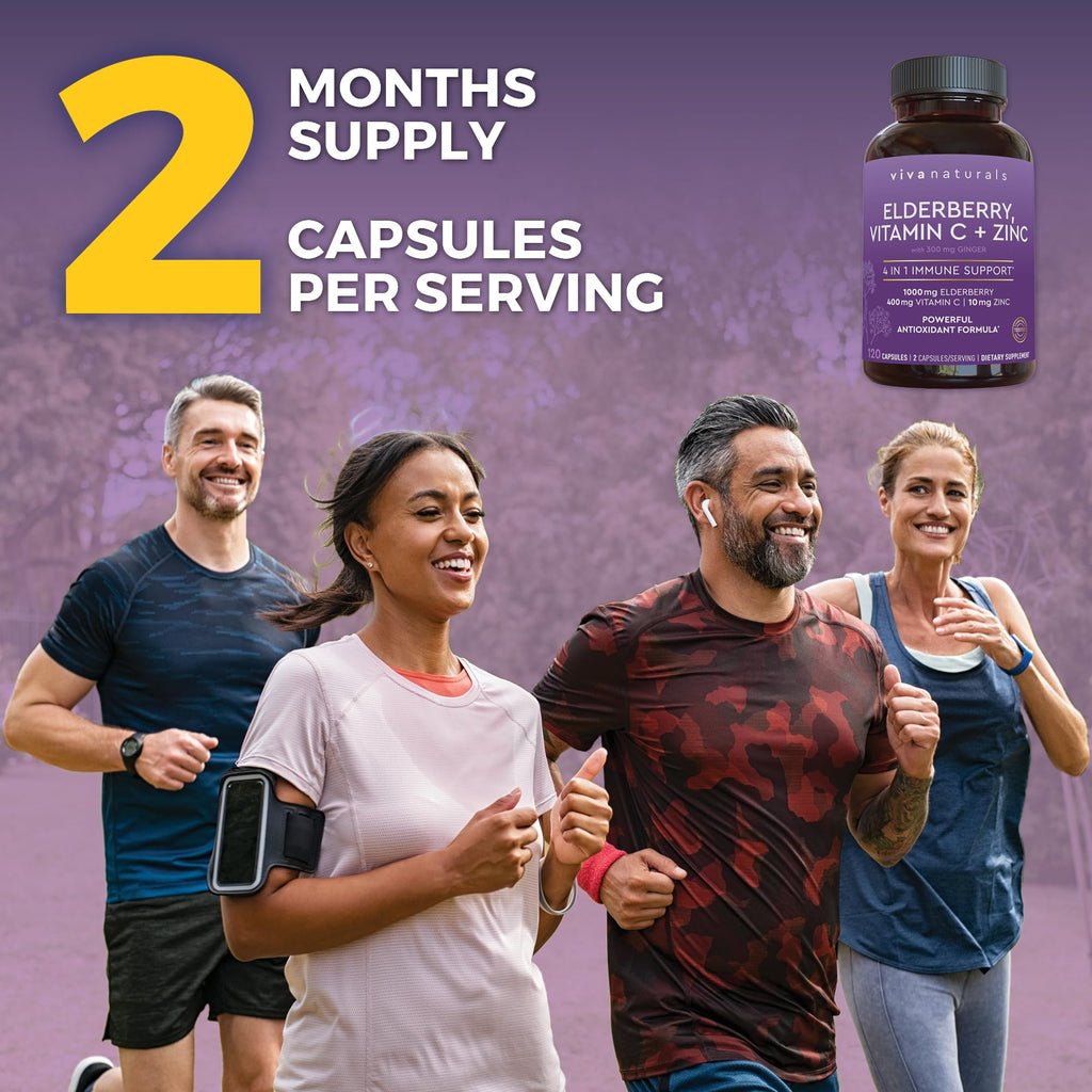 Viva Naturals Elderberry with Vitamin C and Zinc (120 Capsules) - 1000mg Sambucus Elderberry Immune Support Supplement, Black Elderberry Capsules for Adults, Elderberry Vitamins - 2 Months Supply