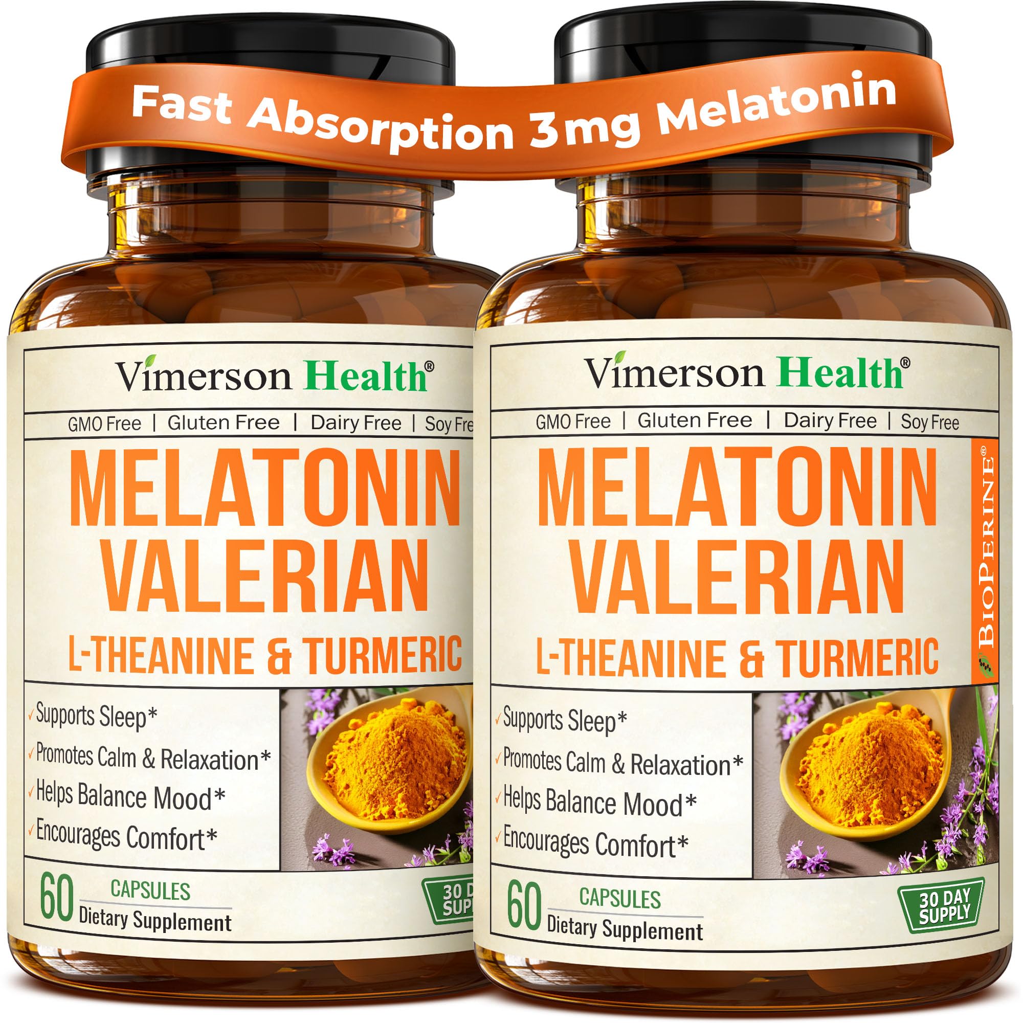 Melatonin 3mg Sleep Aid with L-Theanine & Valerian Root – Turmeric Curcumin Supplement with Ginger & Black Pepper – Organic Turmeric Supplement for Sleep, Calm and Stress Relief Support – 2 Pack
