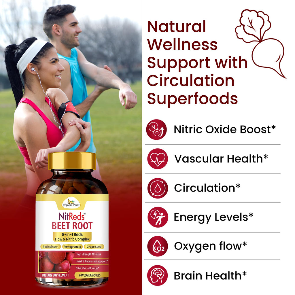 NitReds Beet Root Nitric Oxide Supplement, 200mg Nitrates Complex from Grape Seed & Pomegranate, Red Spinach & Beets for Heart Health - Flow & Circulation Super Reds for Men & Women - 60 capsules