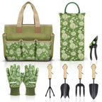 Colwelt Garden Tools Set, 8 Piece, Heavy Duty Gardening Tools with Wooden Handle, Including Garden Tote, Kneeling Pad, Gloves, Pruner, Trowel, Tulip Trowel, Cultivator - Gardening Gifts for Women Men