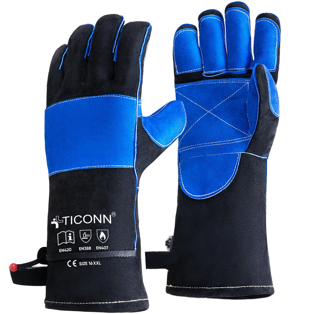 TICONN 16 Inch Welding Gloves, 1000°F Heat-Resistant Fireproof Leather Gloves for Welders, Stick, Forge, Mig, Tig, BBQ, Baking, Oven (Black/Blue, XL)