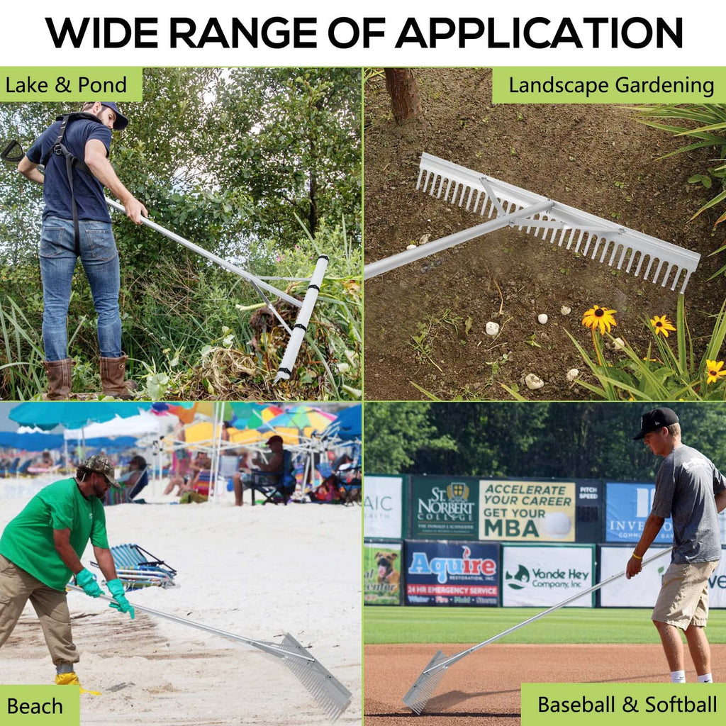 PVNIEFC Floating Lake Rake, 36" Aluminum All Purpose Lake and Landscape Rake with 11' Extension Handle and 52' Rope, Weed & Algae Removal