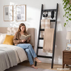 TEAKMAMA 6-Tier 5.4ft Blanket Ladder with Hooks Farmhouse Black
