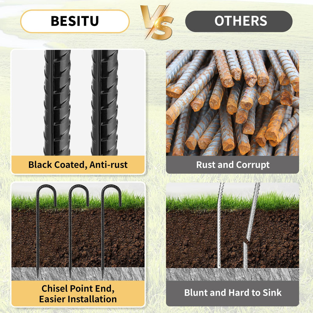 Besitu 16 Inches 24-Pack J Hook Rebar Stakes Heavy Duty Tent Stakes with Chisel Point End, Steel Ground Anchors Metal Garden Stakes Chain Link Fence Stakes Black Coated