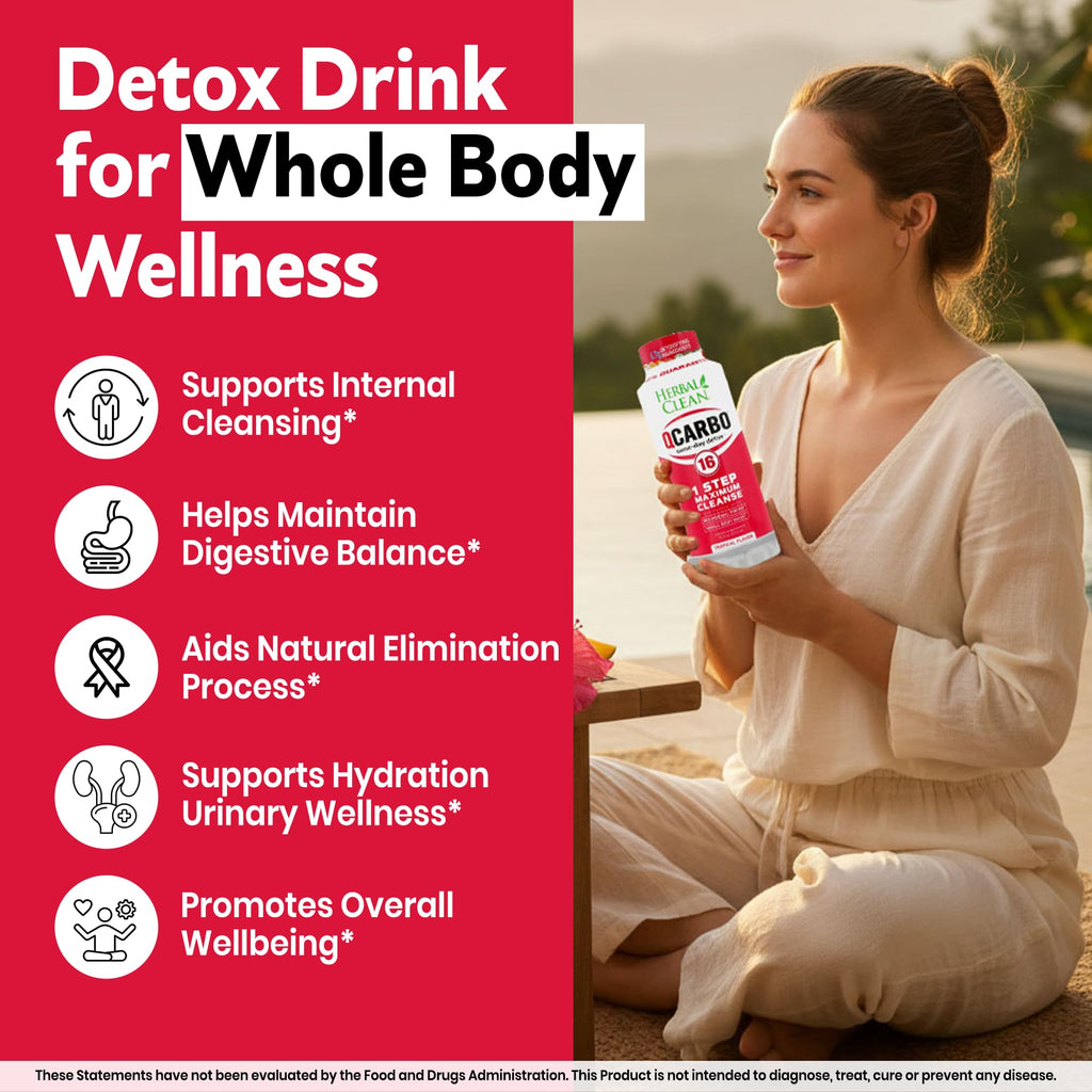 Herbal Clean Qcarbo16 Same-Day Detox Cleanse Drink (16 fl oz) - Tropical Flavor Full Body Cleanse* Detox Drink for Moderate Toxin Level*, Vitamin B2 and Vitamin B12 for Men & Women