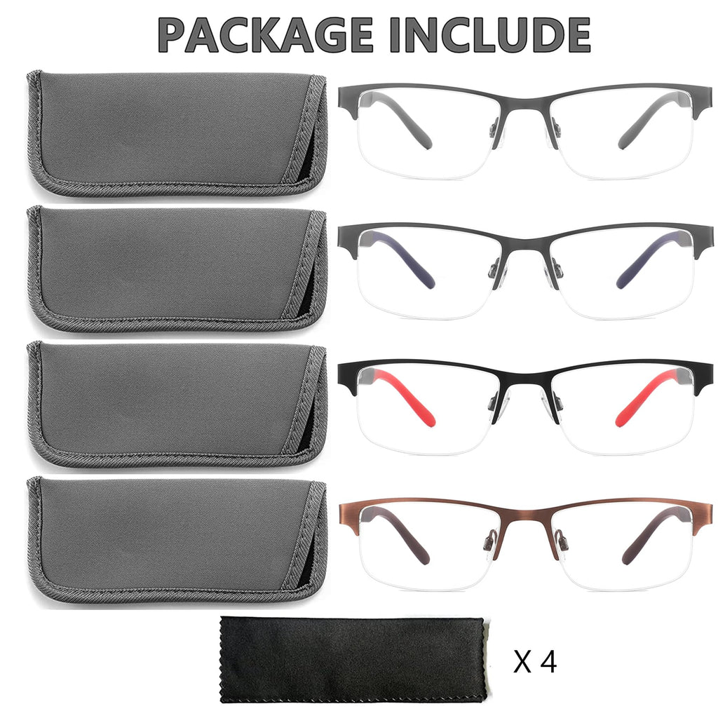 mrbobmslee 4 Pack Reading Glasses for Men, Blue Light Blocking Computer Readers, Anti UV Ray/Eye Strain/Glare, Metal Frame Eyeglasses with Pouches(175 Magnification Strength)
