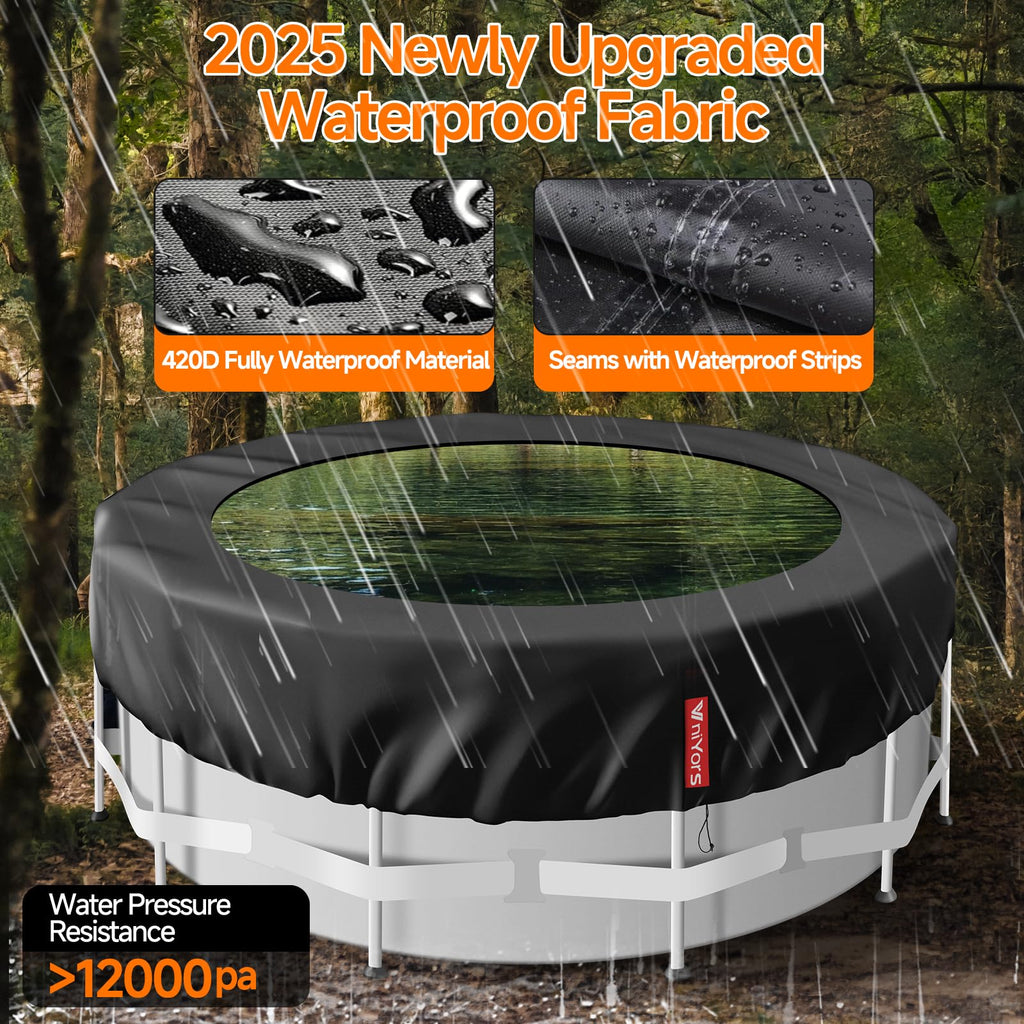 VniYors 12 Ft Round Pool Cover, Heavy-Duty Waterproof Dustproof Solar Pool Cover for Above Ground Pools, Hot Tub Cover with Drawstring and Ground Nails, Black