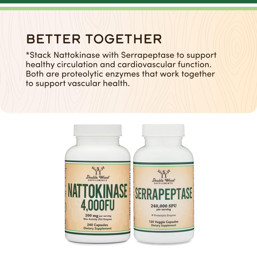 Nattokinase Supplement 4,000 FU Servings, 240 Capsules (Derived from Japanese Natto) Systemic Enzymes for Cardiovascular and Circulatory Support by Double Wood