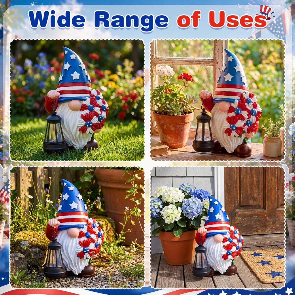 Capoda Solar Patriotic Gnome Statue 8" Garden Resin Gnome Figurine Holding Lantern with Solar LED Lights Decorations for Table 4th of July Independence Day Outdoor Yard Patio Lawn Decor