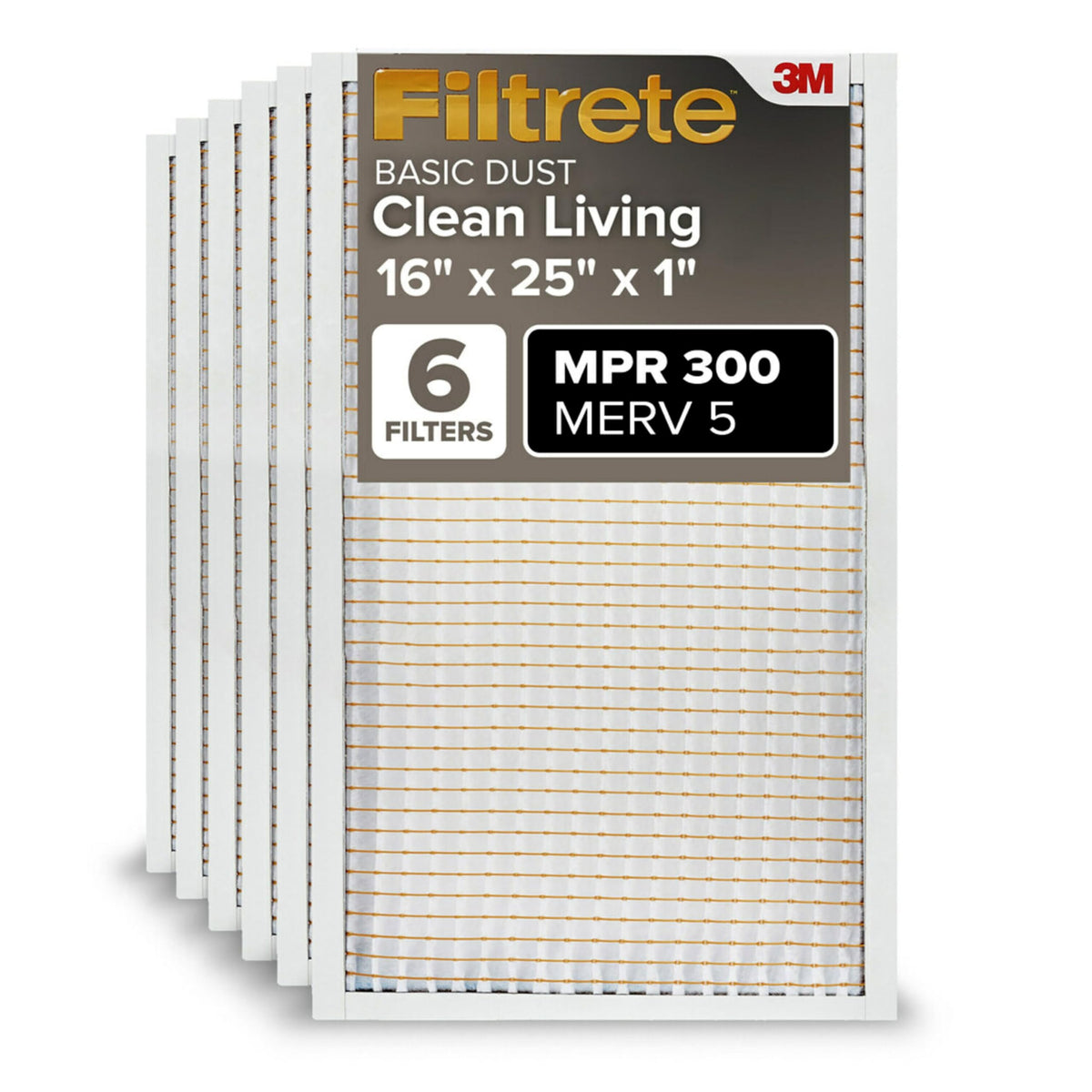 Filtrete 16x25x1 Air Filter, MERV 5, MPR 300, 6 HVAC Filters