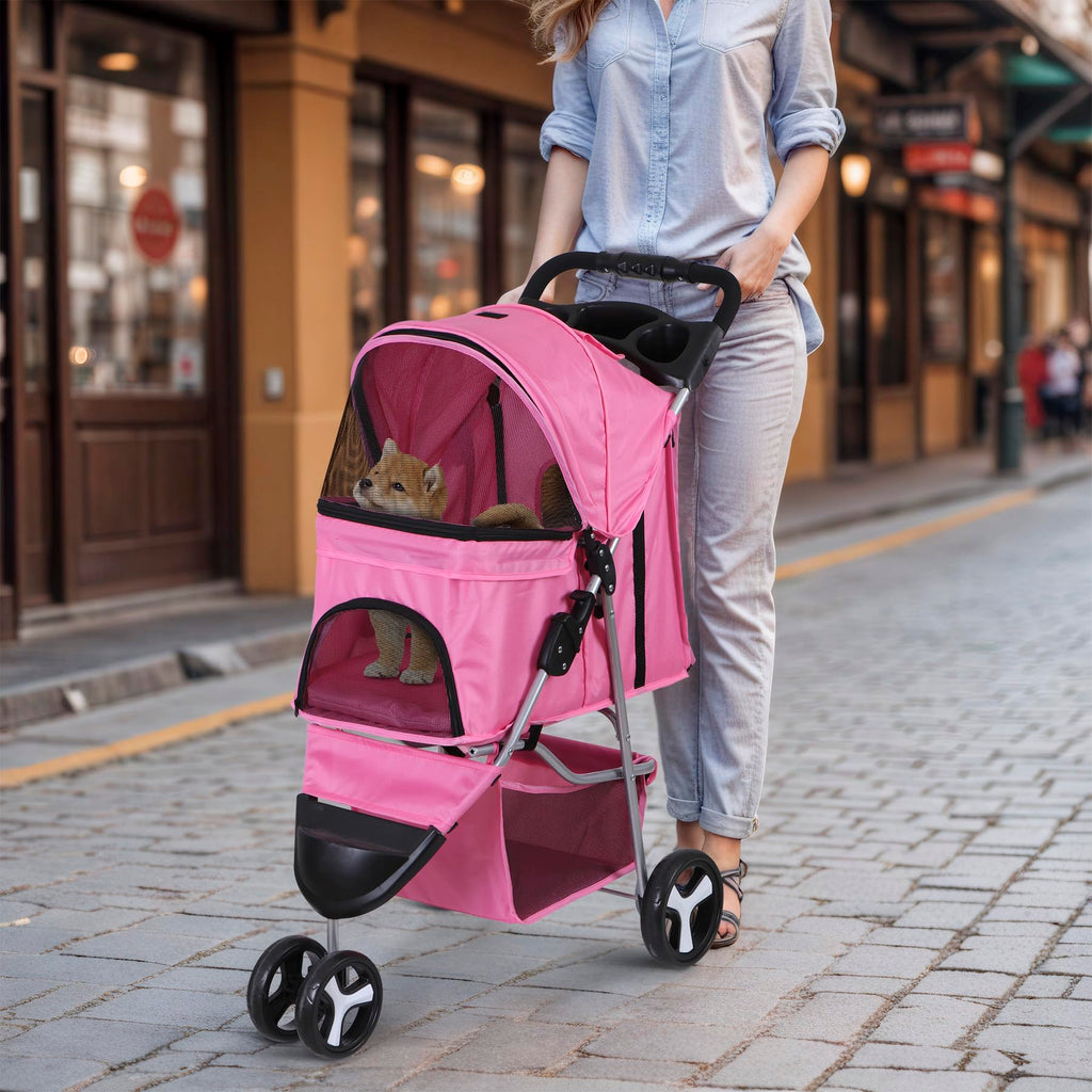 LEMY Foldable Pet Stroller,3 Wheels Cat/Dog Stroller with Weather Cover for Small/Medium Dogs and Cats,Pink Pet Strolling Cart with Storage Basket and Cup Holder