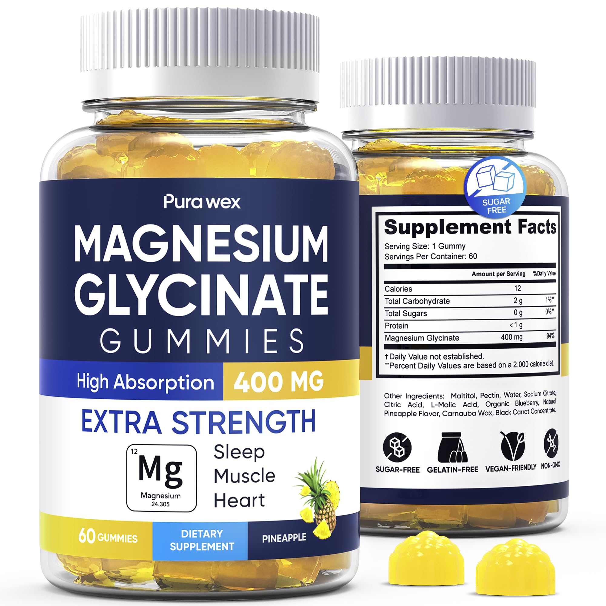 Magnesium Glycinate Gummies 400mg, High Absorption Magnesium Supplement for Women, Men and Kids, Muscle Support and Relaxation, Sugar Free, Vegan, 60 Days Supply