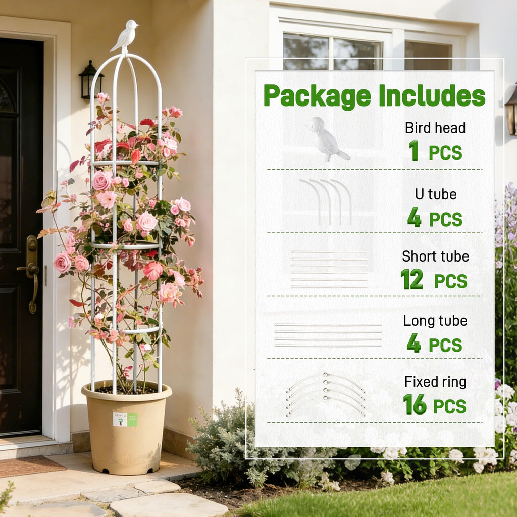 6ft Garden Obelisk Trellis for Climbing Plants-Rustproof Metal Pipe with Heavy Duty Plastic Coated, Garden Outdoor Indoor Potted Plant Support for Clematis Vine Jasmine Support （White）