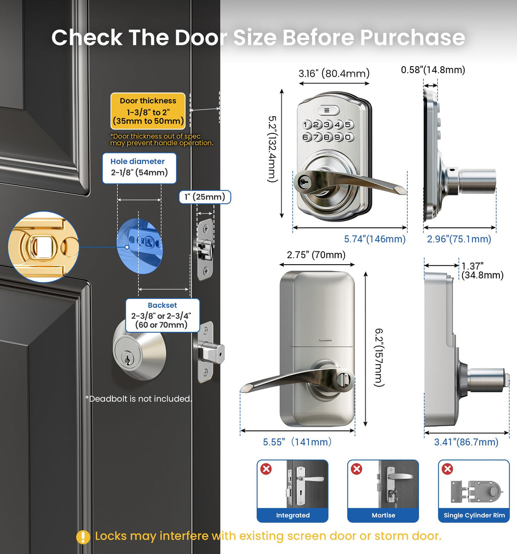 Veise Keypad Door Lock with Handle, Keyless Entry for Front Door & Bedroom, Electronic Lock with Code, Auto-Locking, Easy Installation, Passage Mode, Satin Nickel