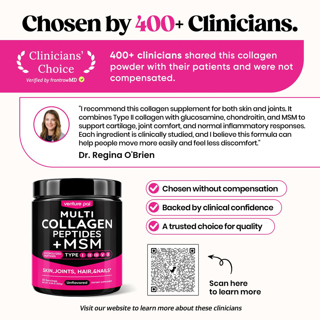 Venture Pal Multi Collagen Powder Type I, II, III, V, X – Hydrolyzed Collagen Peptides MSM, GC, Hyaluronic Acid Vitamin C | Collagen Supplement for Women | Joint, Hair, Skin & Nail Support | Non-GMO