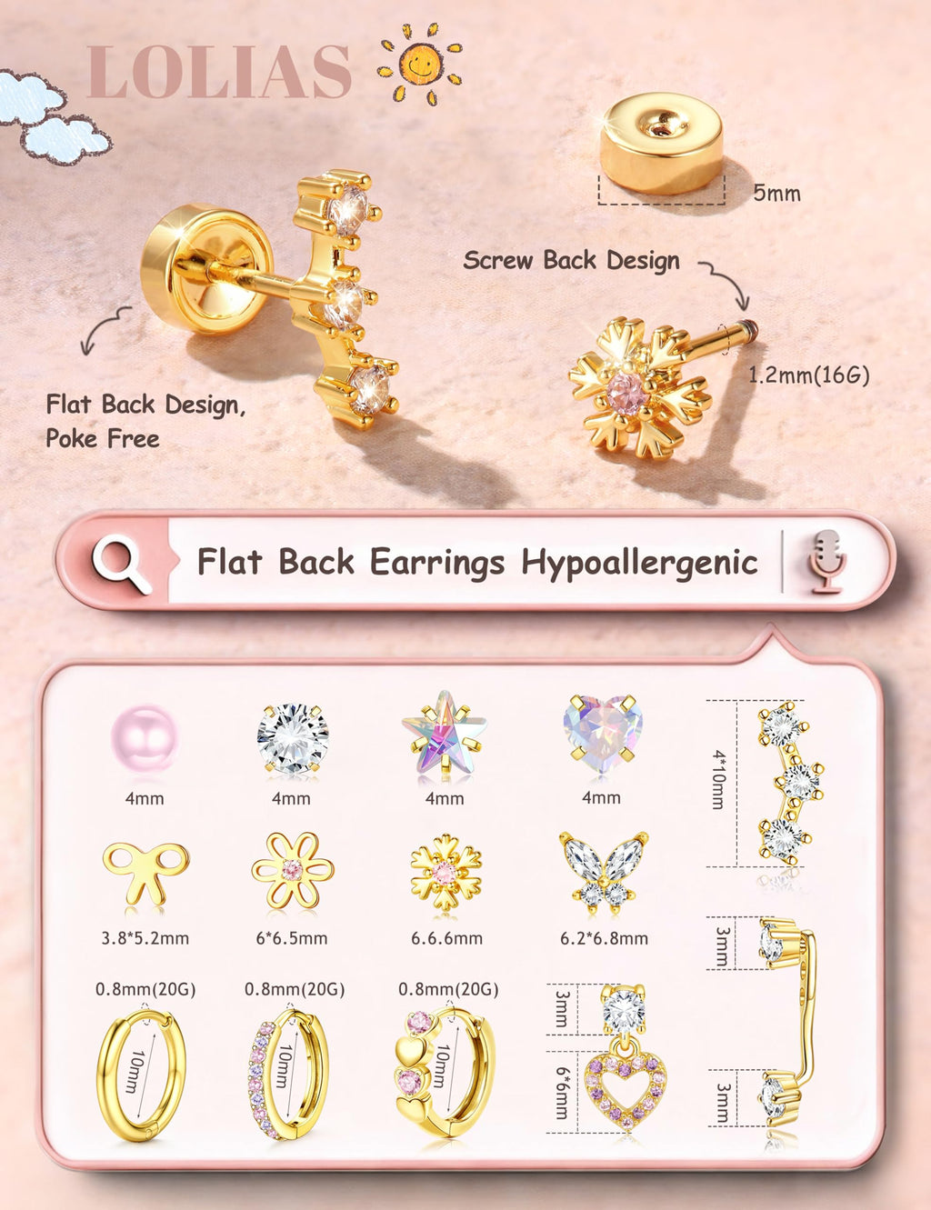 Surgical Steel Flat Back Earrings-Hypoallergenic Earrings for Girls Women