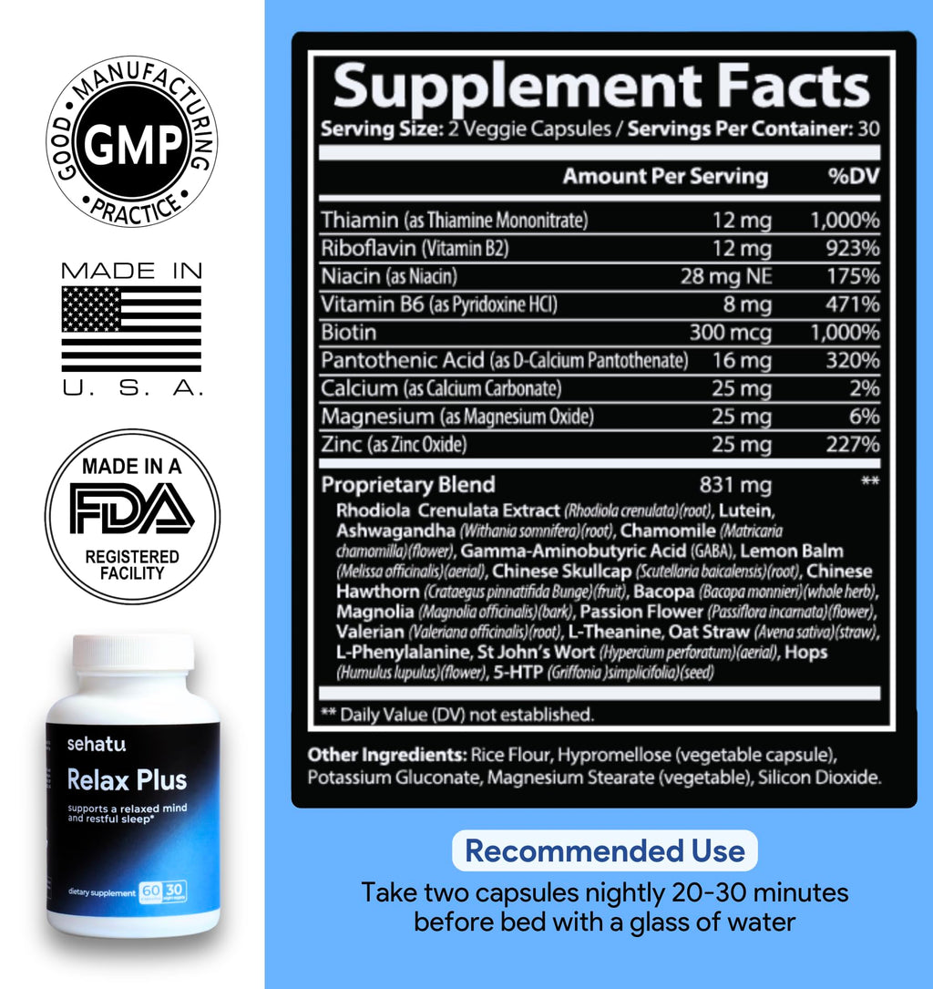 SEHATU Relax Plus Stress Relief Supplement | with GABA, L-Theanine, Ashwagandha, Valerian Root | Supports A Relaxed Mood and Restful Sleep | 60 Count | 30 Day Supply
