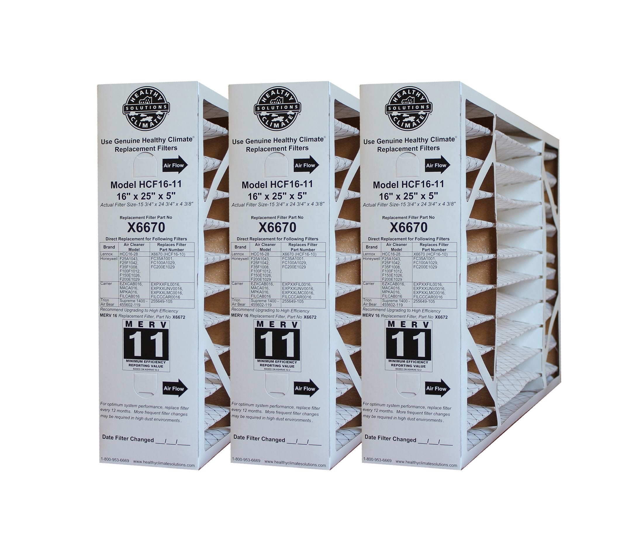 Lennox X6670 MERV 11 Box Replacement Filter also for Honeywell, 16" H x 25" L x 5" W (3-Pack)