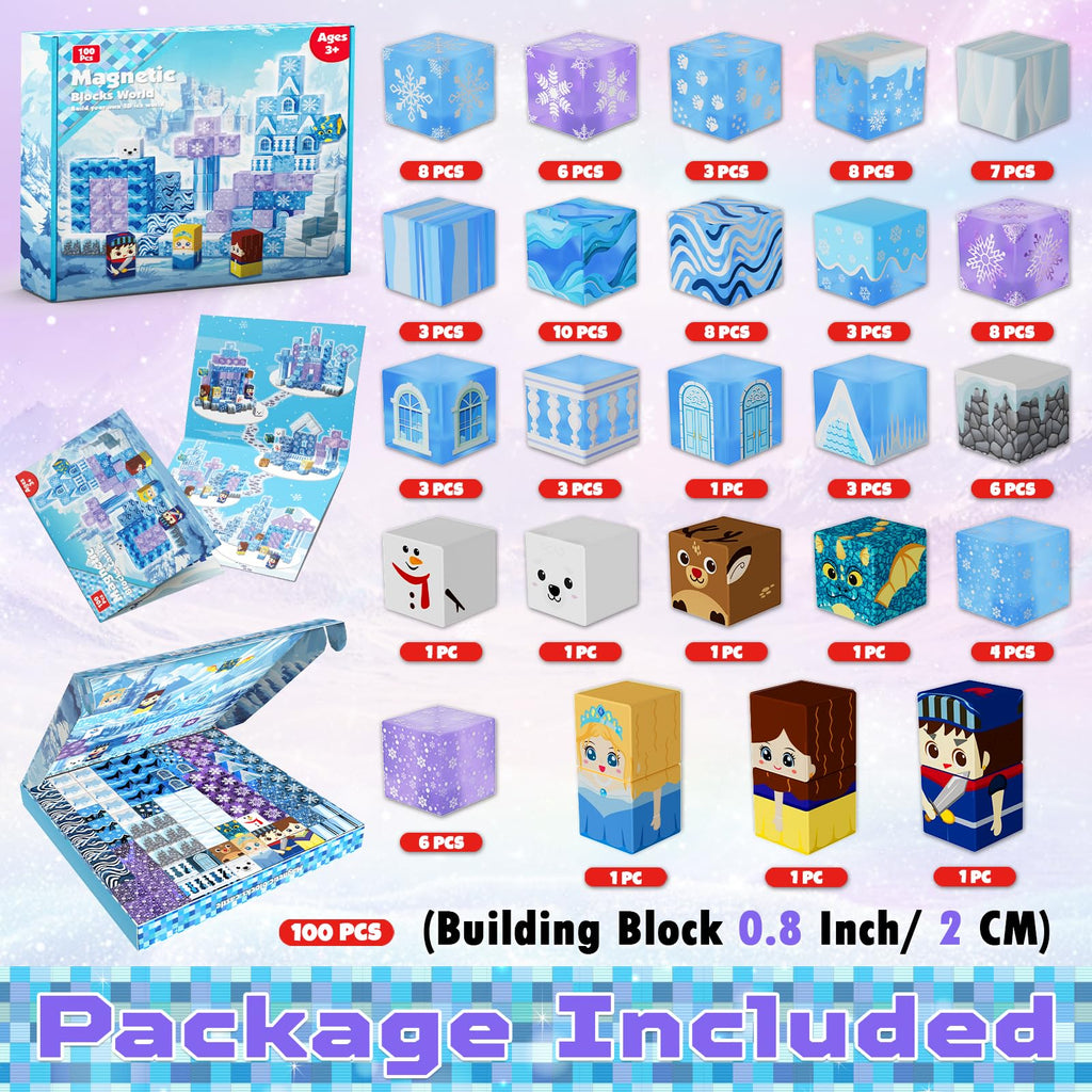 Magnetic Blocks - 100Pcs 0.8in Transparent Building Block for Kids Ages 4-8, Magnet Blocks for Blue Princess Castle Build, Building Cubes Tiles Princess Toys for Girls Age 3 4 5 6 7 8-12 Birthday Gift